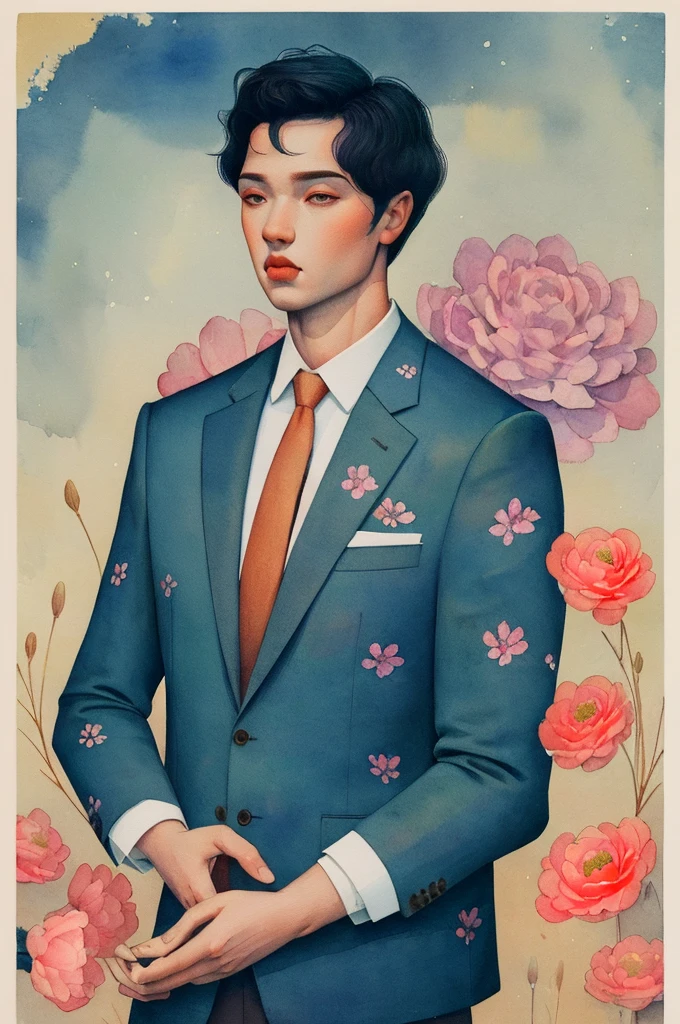 2d, pastel color, watercolor,
lineart,
dangles a man with flowers in his hand detailed illustration, ankymoore, 1boy, solo, short hair, simple background, black hair, suit, flowers, full body, floral print, white background,print dress, tan background,