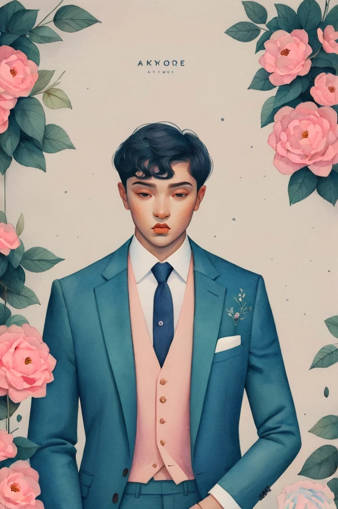 2d, pastel color, watercolor,
lineart,
dangles a man with flowers in his hand detailed illustration, ankymoore, 1boy, solo, short hair, simple background, black hair, suit, flowers, full body, floral print, white background,print dress, tan background,