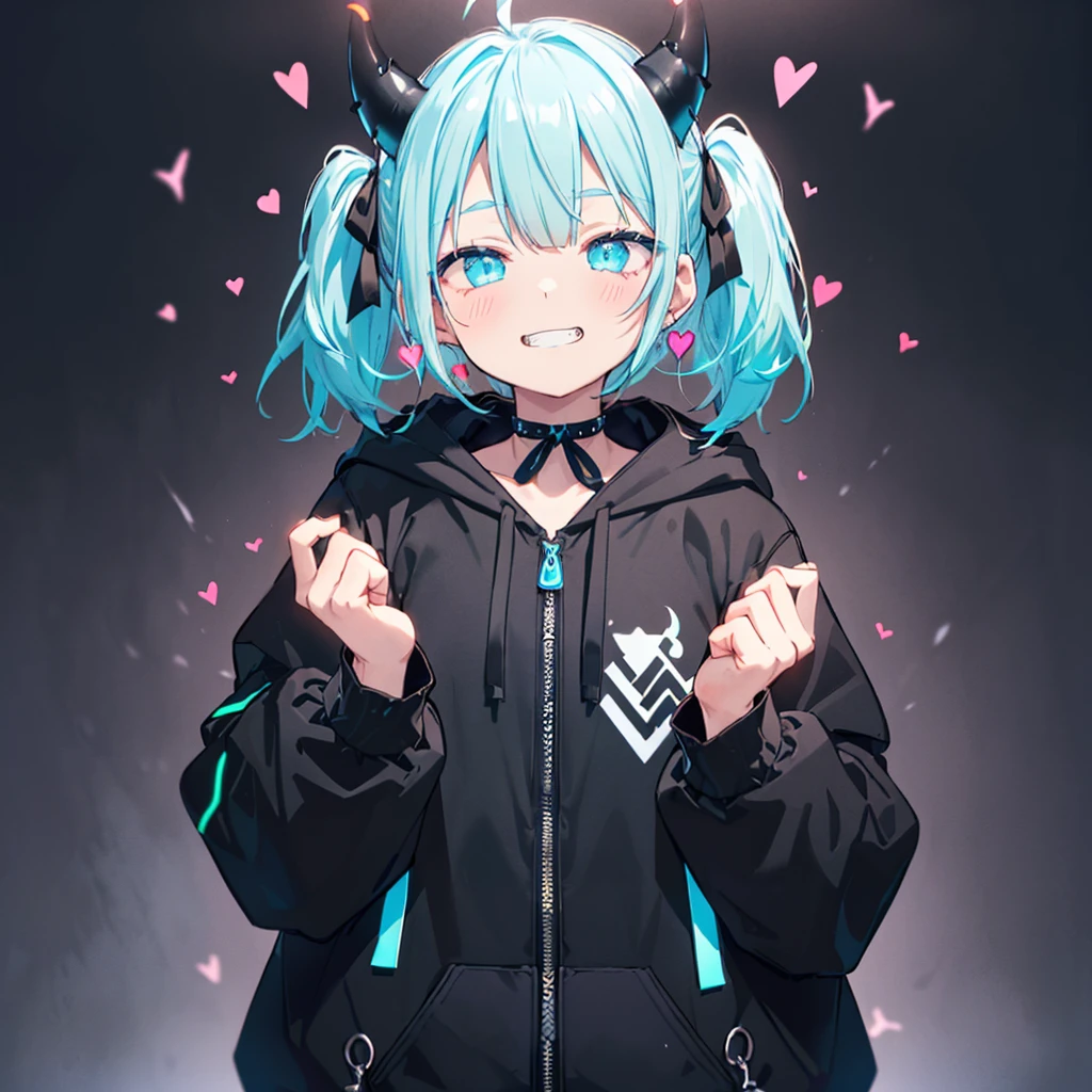 ((((jagged、Open your mouth、Grin background、shining heart front)))) (((Black hoodie、Wearing a hood Devil horns Twin tails、Neon Blue Neon Blueの目 Heart pose with both hands))) ((Shiny Earrings Small black ribbon)) Shining Edges 輝くbackground
