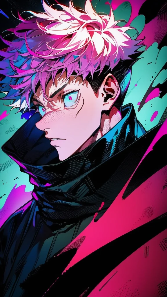 a male character named "ROYAMEN SUKUNA" in. "Jujutsu Kaisen" story series, has short, dry, pink hair, is dressed in a black hoodie with a red hoodie, has a tattoo on the face that resembles black abstract lines, and a curved tattoo on the wrist down to the chin with 4K HDR photo resolution, ANIME ,