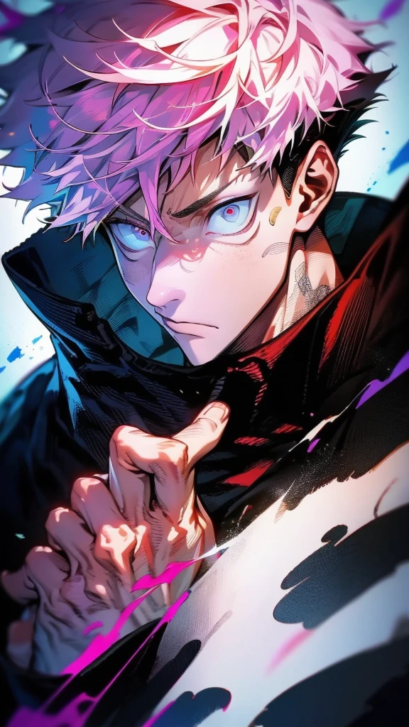 a male character named "ROYAMEN SUKUNA" in. "Jujutsu Kaisen" story series, has short, dry, pink hair, is dressed in a black hoodie with a red hoodie, has a tattoo on the face that resembles black abstract lines, and a curved tattoo on the wrist down to the chin with 4K HDR photo resolution, ANIME ,