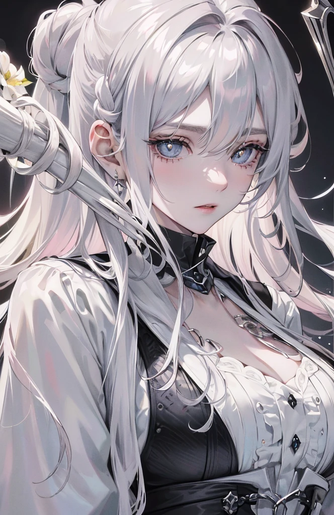 masterpiece, Highest quality, night, full moon, 1 girl, Mature Woman, younger sister, Royal younger sister, Cold look, Expressionless face, Silvery white long-haired female, Pale pink lips, Calm, intellectual, Three Bands, Gray pupils, assassin, Short knife, Flower ball background, Hand Detail, Finger details, Facial details, Eye details,