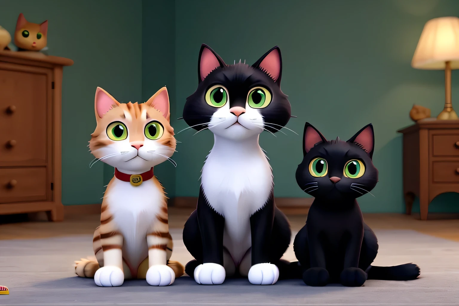 Milo Being Mocked:

Milo: Same as above.
Wealthier Cats:
Cat 1: Sleek, domestic shorthair.
Color: Glossy black.
Characteristics: Shiny coat, confident posture, smug expression.
Cat 2: Sleek, domestic shorthair.
Color: Pure white.
Characteristics: Pristine coat, elegant posture, haughty expression.