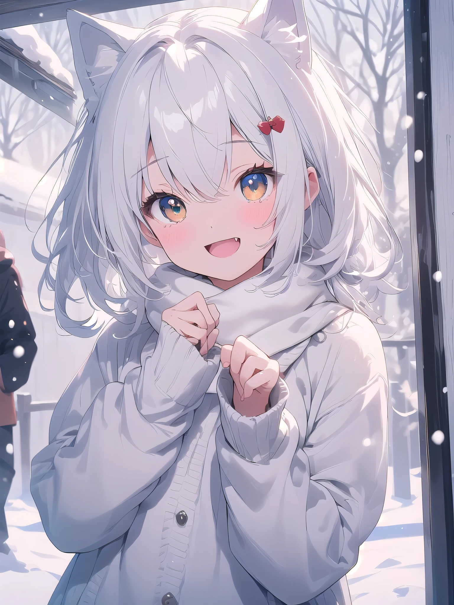 white hair, dog ears, sparkle, film grain, UHd, masterpiece, super detail, high details, high quality, highres, best quality, 4K,claw pose,upper body,fang,:d,aran sweater,samoyed girl、Capturing the Characteristics of the Samoyed,Fluffy clothes、cute、Background of the snow country,fluffy white tail,Fluffy scarf