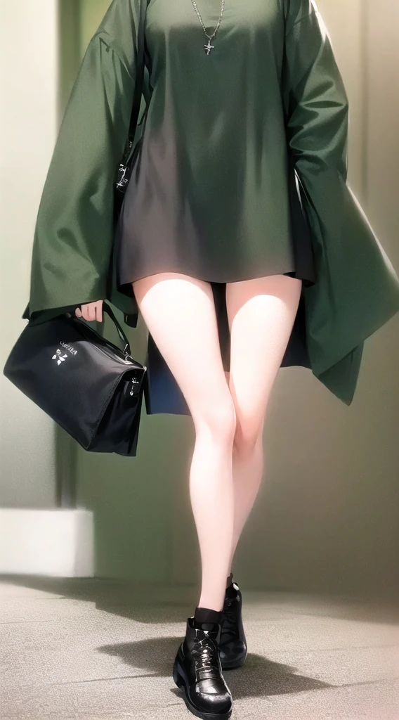 A woman in her 40s wearing a green shirt dress and black shoes, ( ( Dark Green, japanese Streetwear, Trends with r/Streetwear, she is wearing Streetwear, Jet, Green clothes, Dark Green, 2 0 2 0 Fashion, Green clothes, 🤬 🤮 💕 🎀, casual Green clothes, cute casual Streetwear, wearing Green clothes, woman in Streetwear