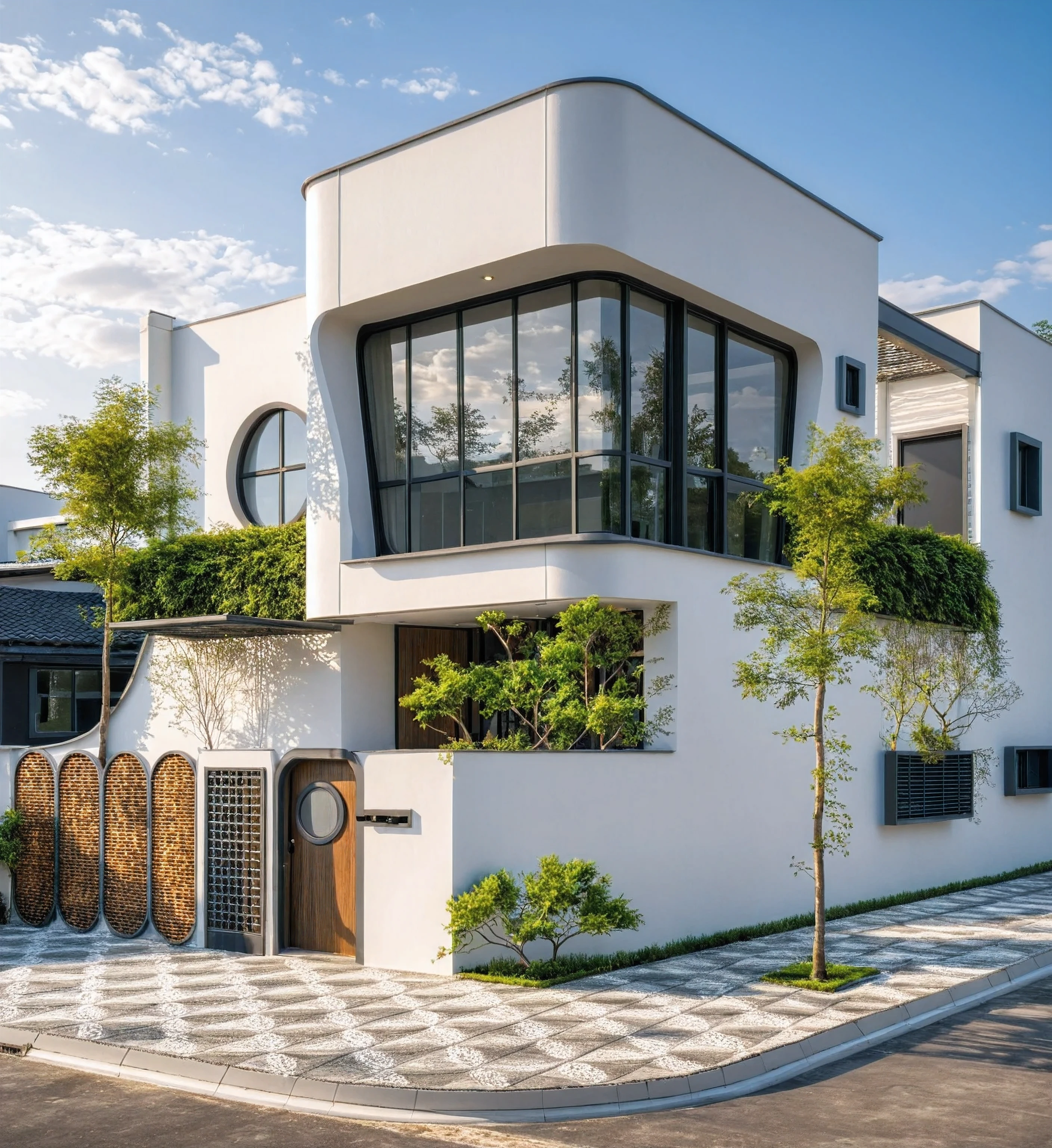 Masterpiece, high quality, best quality, authentic, super detailed, outdoor, aiaigroup, modern 2-storey townhouse style, stairs, white walls combined with conwood, wind encaustic tiles, iron gate, ceiling conwood, flowers, path, summer evening, grass, trees, sky, clouds, (daylight: 1.1)