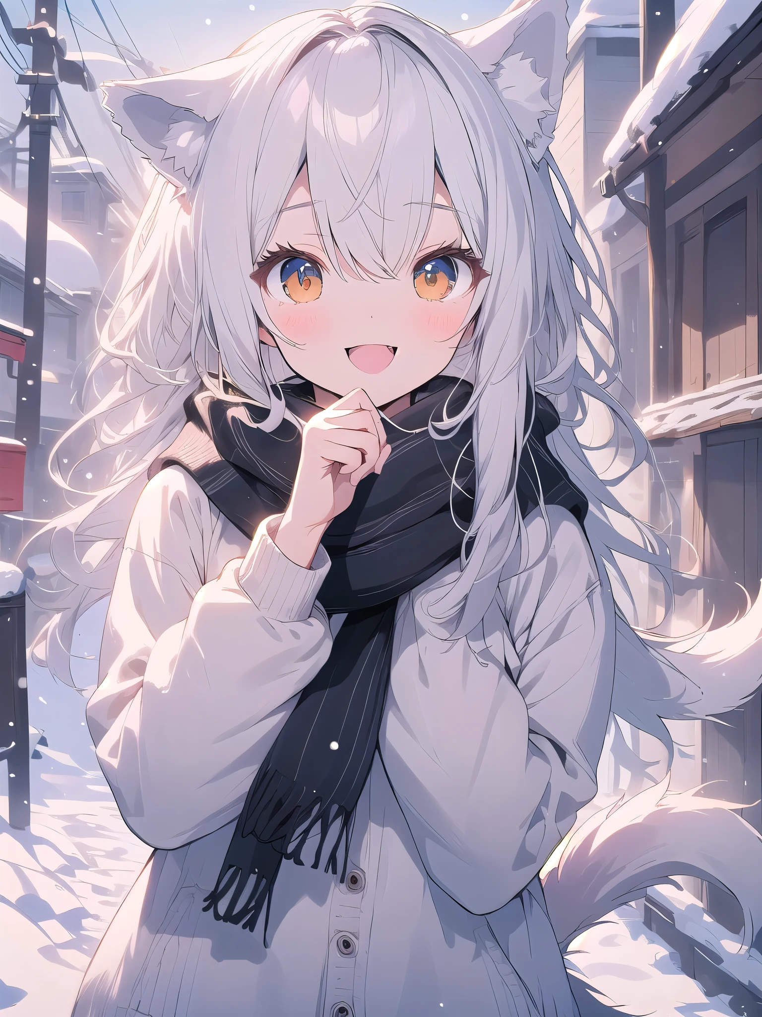 white hair, dog ears, sparkle, film grain, UHd, masterpiece, super detail, high details, high quality, highres, best quality, 4K,claw pose,upper body,fang,:d,aran sweater,samoyed girl、Capturing the Characteristics of the Samoyed,Fluffy clothes、cute、Background of the snow country,((dog tail)),Fluffy scarf