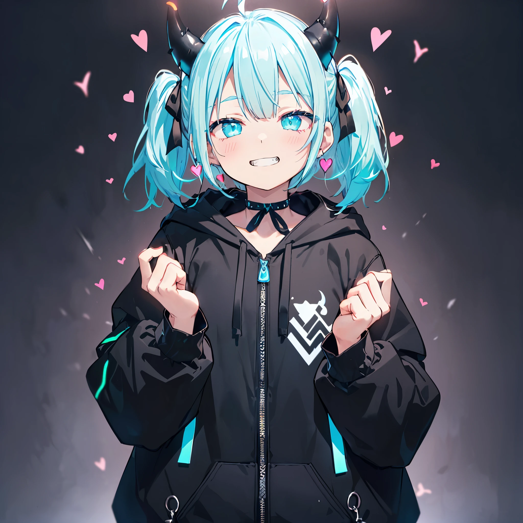 ((((jagged、Open your mouth、Grin　background、shining heart　Making a Heart　front))))　(((Black hoodie、Wearing a hood　Devil horns　Twin tails、Neon Blue　Neon Blueの目、Wink)))　((Shiny Earrings　Small black ribbon))　Shining Edges　輝くbackground