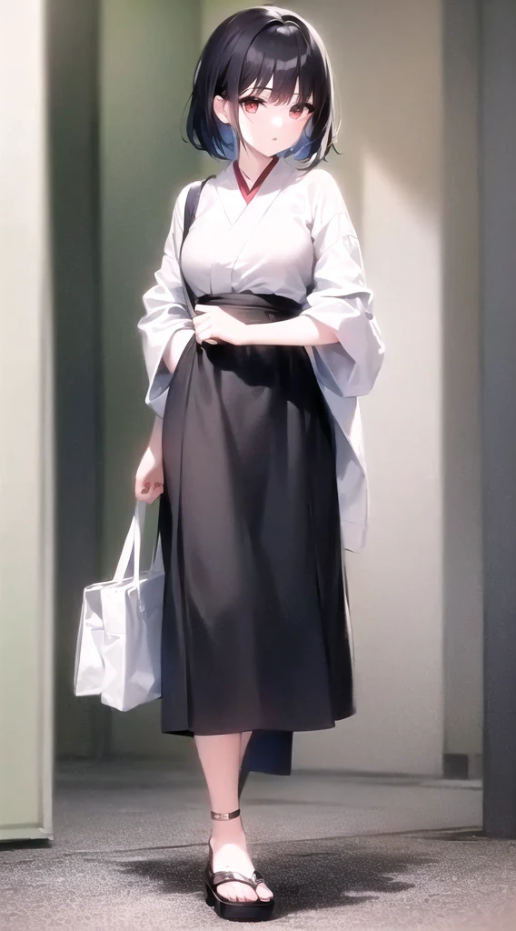There is a woman standing on the sidewalk with a bag, white trendy clothes, Street fashion in Japanese cities, Wearing long, loose clothing, Tokyo Fashion, kimono, Japanese Street Fashion, Dressed in fluent clothes, white!!, casual white garment, with white, cool Japanese Street Fashion, dressed a long white, Chie Yoshii's Style, Simple style