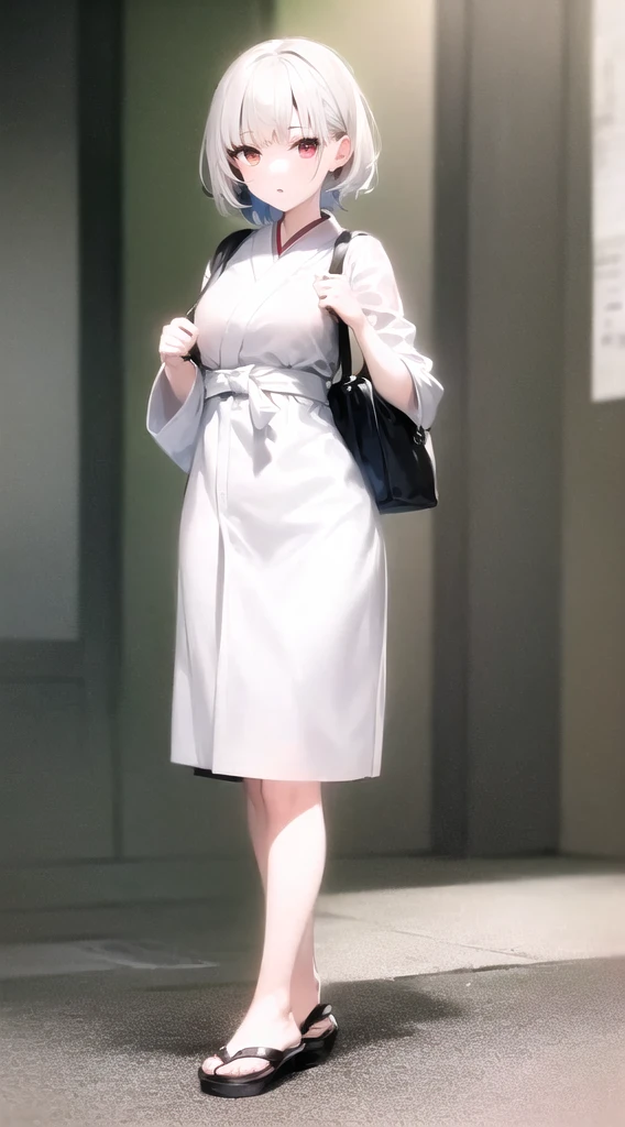 There is a woman standing on the sidewalk with a bag, white trendy clothes, Street fashion in Japanese cities, Wearing long, loose clothing, Tokyo Fashion, kimono, Japanese Street Fashion, Dressed in fluent clothes, white!!, casual white garment, with white, cool Japanese Street Fashion, dressed a long white, Chie Yoshii's Style, Simple style