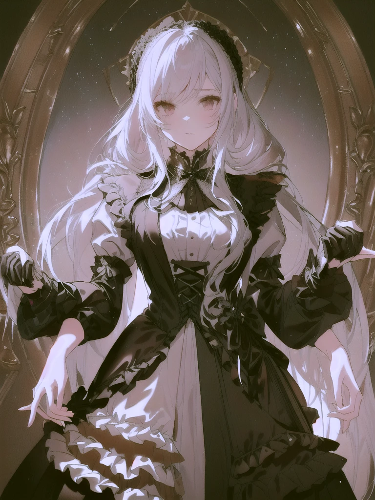 There is a woman wearing a black skirt and a white shirt., Detailed steampunk dress, Formal wear, Victorian dress, Baroque Dress, black Victorian dress, Black Gothic Lolita Dress, historical Baroque Dress dark, Very detailed and luxurious garment, full costume, Victorian Gothic Lolita Fashion, Victorian style costume, Gothic Dress, Frills, Black Rococo, Gothic Costume