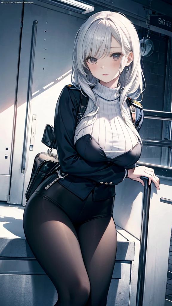 1 Girl:1.3), Solitary, __body parts__ Delicate and realistic skin, Pale skin, Large target, Official Art, Unity 16K Wallpaper, Ultra Detailed, beauty, masterpiece, best quality, Awesome atmosphere, Calming color palette, A calm mood, Soft shadows, Airline stewardess, charm，((Large Breasts))，Black tights，Police Uniform，（(Black leggings)),sweater,blush，liquid，cute，Tights