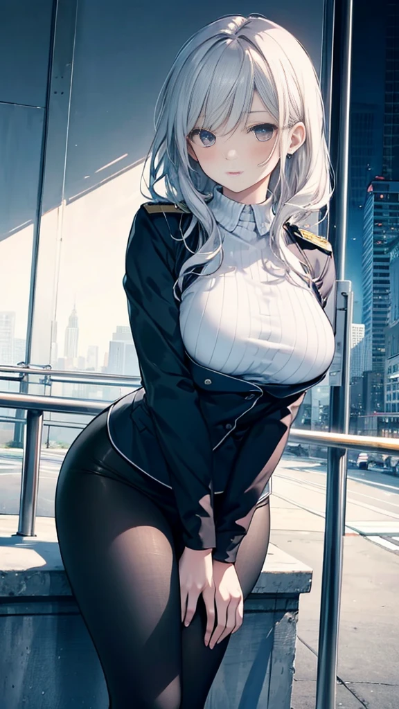 1 Girl:1.3), Solitary, __body parts__ Delicate and realistic skin, Pale skin, Large target, Official Art, Unity 16K Wallpaper, Ultra Detailed, beauty, masterpiece, best quality, Awesome atmosphere, Calming color palette, A calm mood, Soft shadows, Airline stewardess, charm，((Large Breasts))，Black tights，Police Uniform，（(Black leggings)),sweater,blush，liquid，cute，Tights