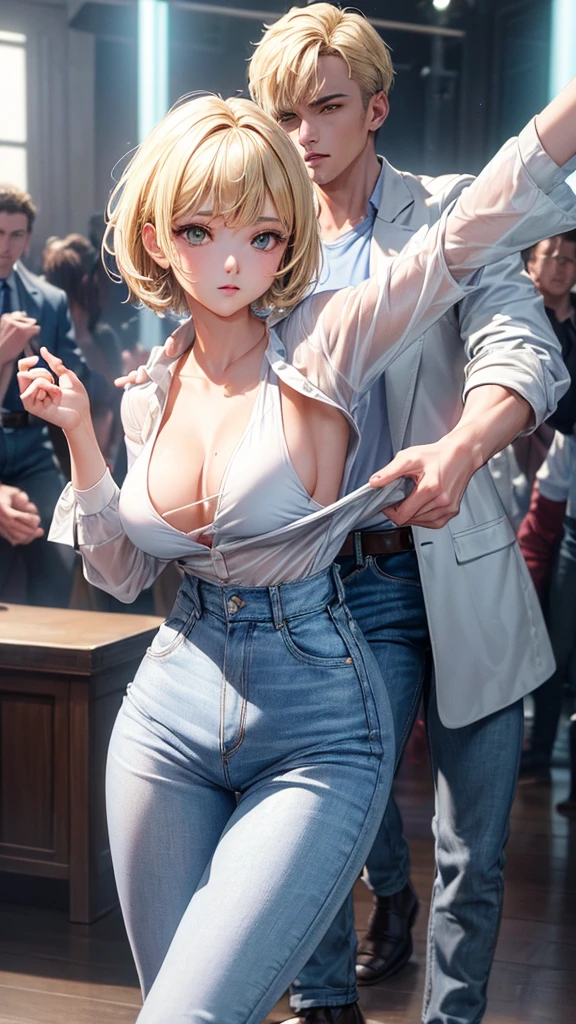 (masterpiece, highest quality, ultra high res, ultra detailed:1.3), 1 cute girl, ideal ratio body proportions, blonde short hair, white shirt, jacket, denim pants, (dancing with wolves:1.2), (dancing wolves:1.4), wilderness,