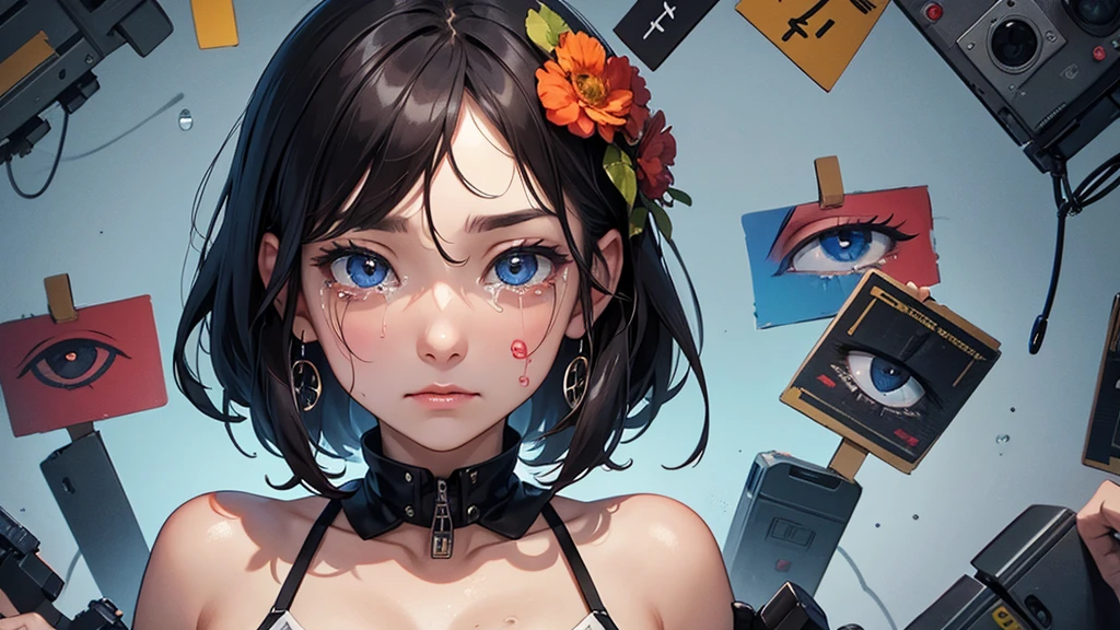 Create an image of series of crying eyes symbols, surrounded by plus signs representing the desire for more.