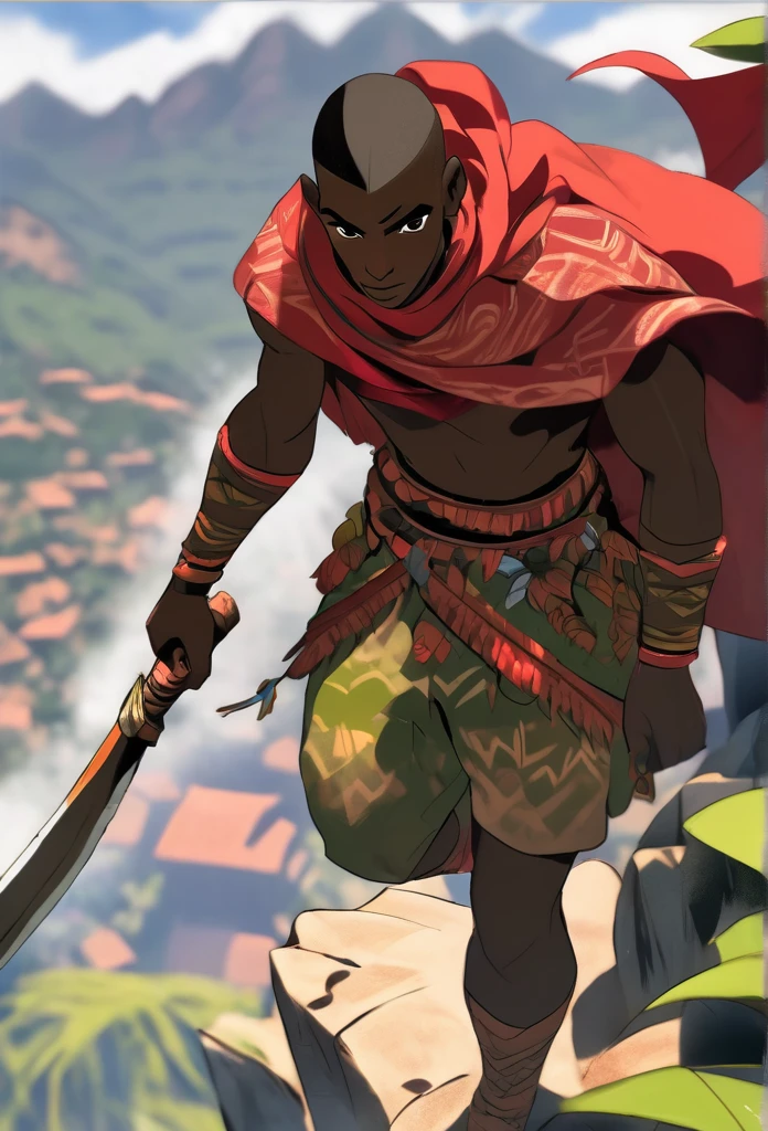 Ultra Realistic, Highly Defined Details, Jungle Tribal Village In The Foreground, Shadowy Distant Back Drop, Rainforest Sensory, Mellow Color Shading Capturing the Mode, Young Adult African Male Villager, Bent Over, Climbing With Hands, Snowy Mountain Peaks, Windy Snow, On Hands and Knees Climbing Ultra Realistic, Highly Defined Details, Climbing a Cliff Distant View, Mellow Color Shading Capturing the Mode, Young Adult African Male Villager, View Of the Valley Below, Bone chest plate armor, Lightly armored belt buckle dagger in a sheath, Bone carved Hilt, Long Curved Sword, wrapped in crimson cloth Worn On the Back, Dark Torn Crimson Cloak, Climbing In The Windy Sean, Leaves Blowing