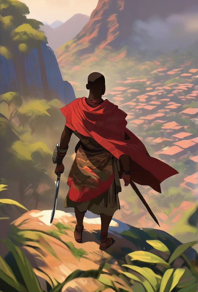 Ultra Realistic, Highly Defined Details, Jungle Tribal Village In The Foreground, Shadowy Distant Back Drop, Rainforest Sensory, Mellow Color Shading Capturing the Mode, Young Adult African Male Villager, Bent Over, Climbing With Hands, Snowy Mountain Peaks, Windy Snow, On Hands and Knees Climbing Ultra Realistic, Highly Defined Details, Climbing a Cliff Distant View, Mellow Color Shading Capturing the Mode, Young Adult African Male Villager, View Of the Valley Below, Bone chest plate armor, Lightly armored belt buckle dagger in a sheath, Bone carved Hilt, Long Curved Sword, wrapped in crimson cloth Worn On the Back, Dark Torn Crimson Cloak, Climbing In The Windy Sean, Leaves Blowing