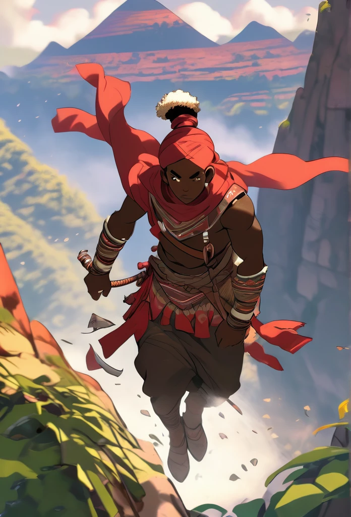 Ultra Realistic, Highly Defined Details, Jungle Tribal Village In The Foreground, Shadowy Distant Back Drop, Rainforest Sensory, Mellow Color Shading Capturing the Mode, Young Adult African Male Villager, Bent Over Climbing, Valley Below, Climbing With Boath Hands, Piercing Gaze, Serious Sharp Facial Features, Fit Athletic Muscular Physique, Bone Mail Armor, Peaces of tribal decorations tied to armbands, Bone chest plate armor, Lightly armored belt buckle dagger in a sheath, Bone carved Hilt, Long Curved Sword, wrapped in crimson decorated cloth Worn On the Back, Dark Torn Crimson Cloak, Distant Shot Full Body View, Climy, Windy Sean Leaves Blowing, Scaling a Clif, Climbing With Hands, Snowy Mountain Peaks, Windy Snow, On Hands and Knees Climbing
