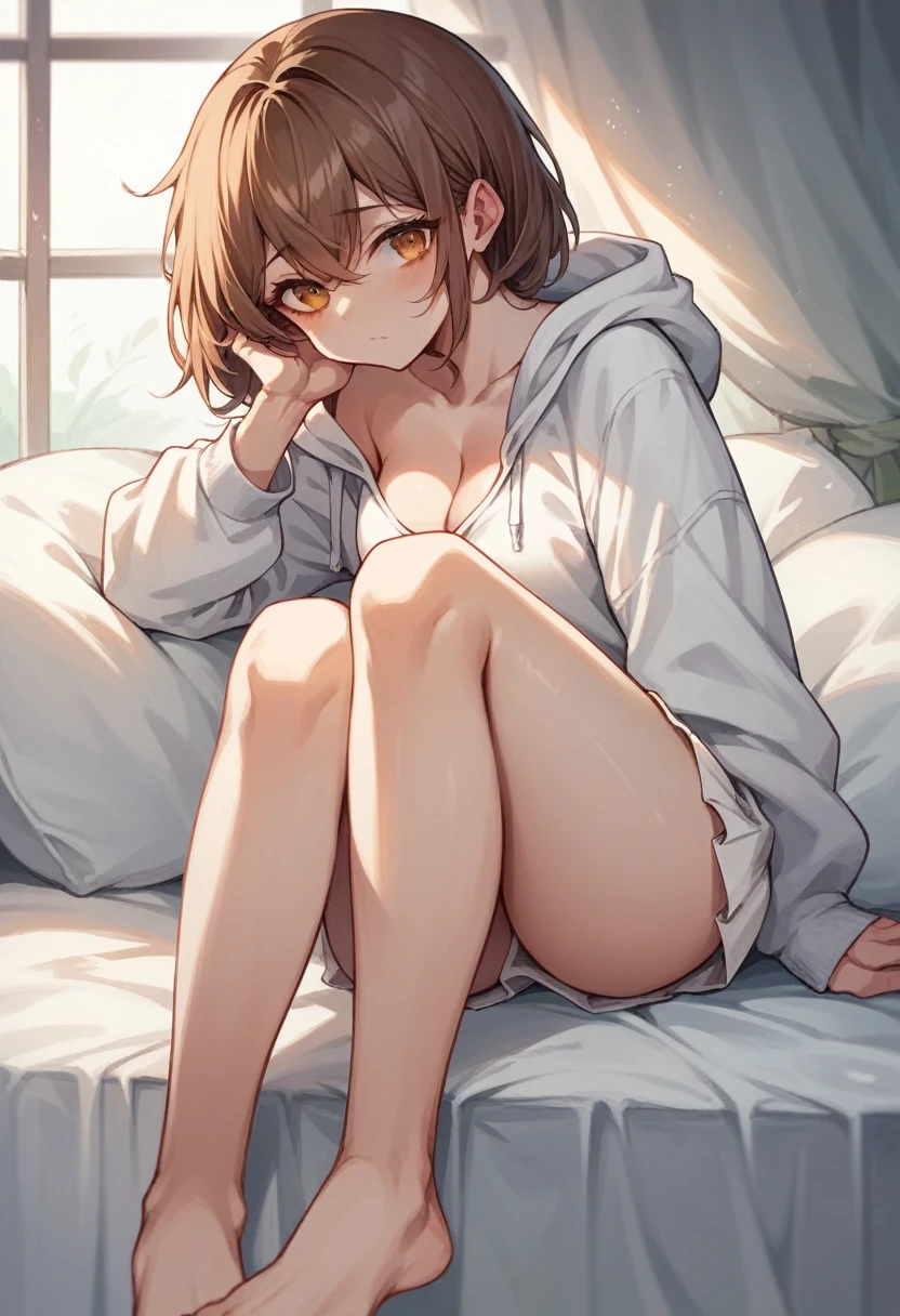 Brown-haired girl　shoulder-length hair　Wearing a white hoodie and a white skirt　Dark orange eyes　White skin　tall　With bangs　Beautiful face　Thin legs　The cleavage is visible　sitting on the bed　Thin legs　Very shy　Shyness　Anime Style