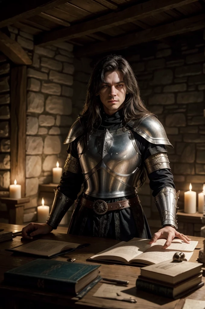 a medieval knight in shining armor, paladin dnd, fantasy warrior, heroic pose, detailed armor with intricate designs, flowing cape, sword and shield, majestic horse, medieval landscape, castle in the background, dramatic lighting, cinematic camera angle, epic fantasy, oil painting style, highly detailed, photorealistic, 8k, award winning
