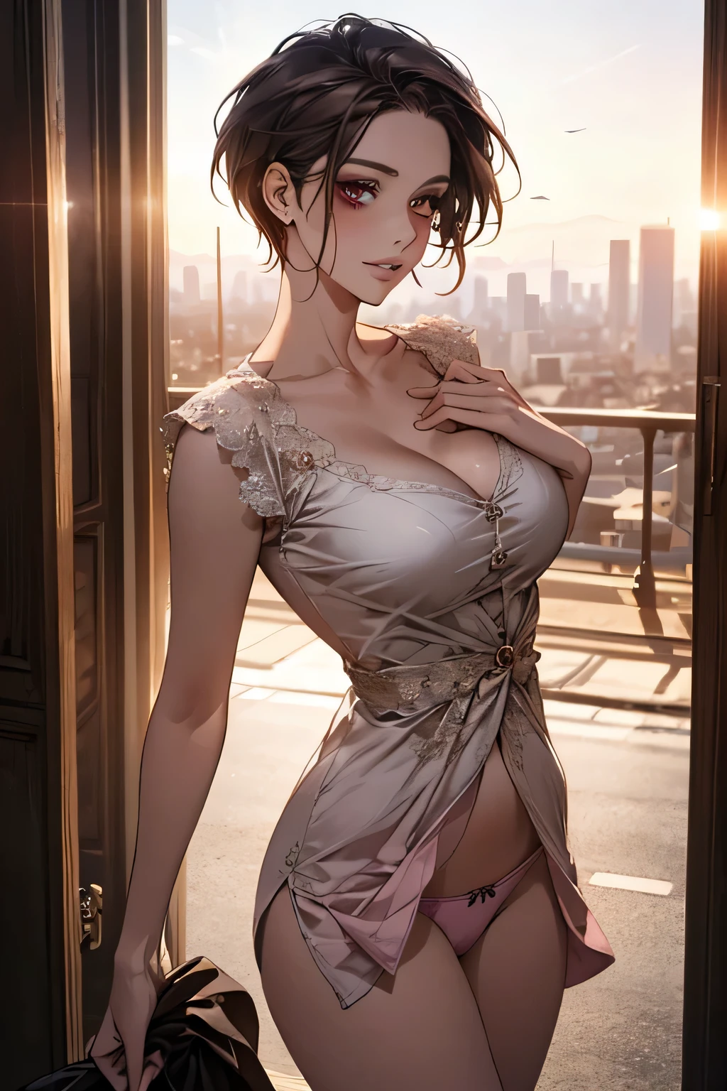 (masterpiece:1.2, Highest quality), (Realistic, photoRealistic:1.4), Beautiful illustrations, (Natural Side Lighting, Cinema Lighting), Surrealism,
View your audience, 1 girl, 40 years old, Perfect Face, Symmetrical face, Glowing Skin,
(short hair, Straight hair, Hair Intake), Brown eyes, Long eyelashes, (Large Breasts, You can see a little bit of the delta part of her pink panties., Captivating thighs)
Beautiful Hair, Beautiful Face, Beautiful attention to detail, Beautiful clavicle, Beautiful body, Beautiful breasts, Beautiful thighs, Beautiful legs, Beautiful fingers,
Wear a police uniform and a short skirt,
(Beautiful views), evening, (City Street:1.2), walk, Sexy posture, (Charming smile, Lips parted)