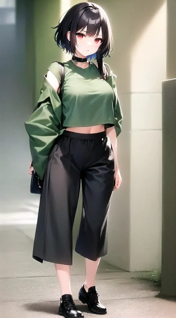 A woman in her fifties walking down the sidewalk with a green handbag, Cropped wide sleeves, Wearing crop tops, cropped shirt and jacket, セクシーなCrop topを着て, Wearing crop topss, Green corduroy pants, Exposed abdomen, Big pants, Green clothes, Baggy pants, Wear green, Crop top, High-waisted sweatpants, wearing a Crop top