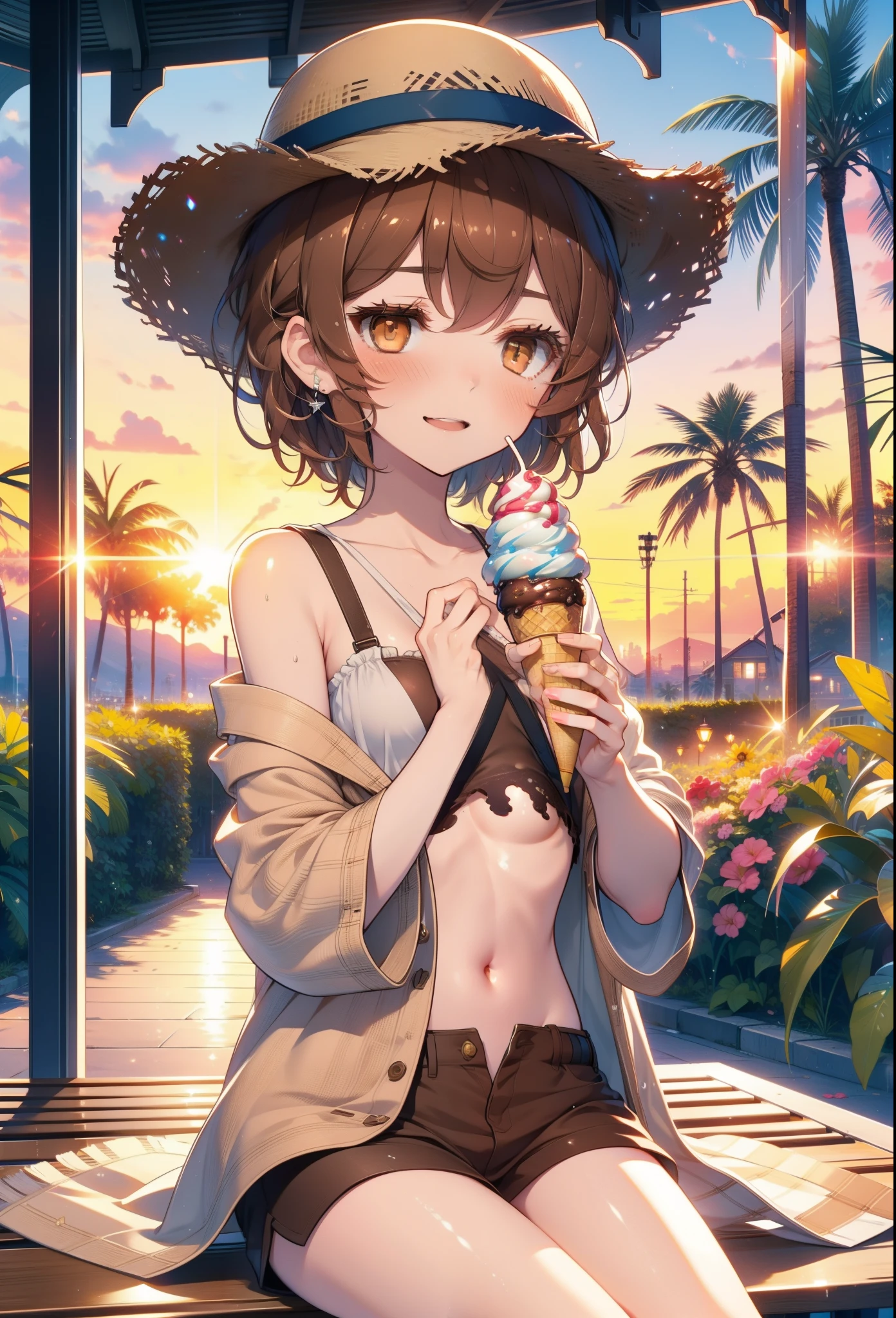 Lililukarde, Liliruka gets burned, , (Brown eyes:1.7), Brown Hair, (Flat Chest:1.2), smile,blush,Open your mouth,Straw hat,short hair,Brown tank top,Shorts,Holding ice cream in both hands,Heeled Sandals,Sitting on a bench,sunset,evening,The sun is setting,whole bodyがイラストに入るように,
break looking at viewer,whole body, 
break outdoors, Building district,Palm tree,Tropical,
break (masterpiece:1.2), Highest quality, High resolution, unity 8k wallpaper, (figure:0.8), (Beautiful attention to detail:1.6), Highly detailed face, Perfect lighting, Highly detailed CG, (Perfect hands, Perfect Anatomy),