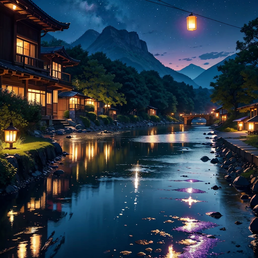 summer night、Along the river in a small rural village surrounded by mountains、A scene of people enjoying firefly hunting。Lanterns are hung at equal intervals on both sides of the river.、It emits a soft orange light。Lanterns and fireflies on the tree々or lengthening the shadows of people、The reflection on the river surface。Stars twinkle in the deep purple and blue gradient sky.、The overall atmosphere is calm and warm.