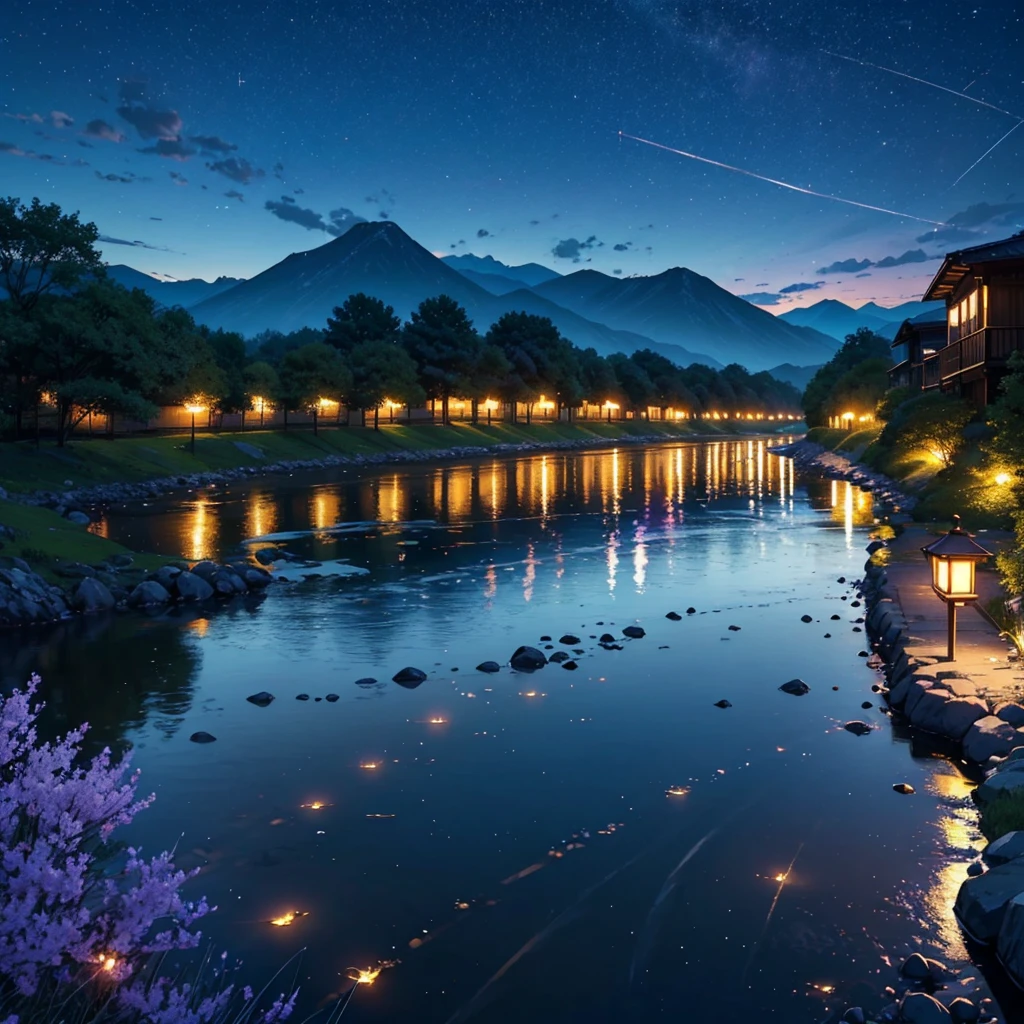 summer night、Along the river in a small rural village surrounded by mountains、A scene of people enjoying firefly hunting。Lanterns are hung at equal intervals on both sides of the river.、It emits a soft orange light。Lanterns and fireflies on the tree々or lengthening the shadows of people、The reflection on the river surface。Stars twinkle in the deep purple and blue gradient sky.、The overall atmosphere is calm and warm.