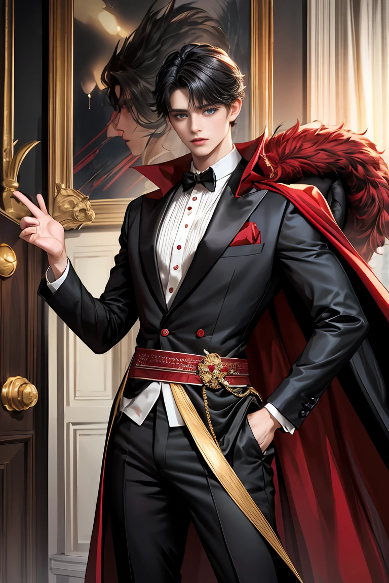 
masterpiece, 最high quality, high quality, 1 boy, alone, Male focus, Watching the audience,  Messy black hair, Adorable big blue eyes, White people, Noble, Noble,Sexy voluminous black and red cape、Tuxedo、A very voluminous, large, very large, very large, long, long red and black cape with a high stand-up collar, reaching down to the floor, made of a lot of fabric., 17 years old,Cute beautiful boys,Cute, cute, kind, handsome guy