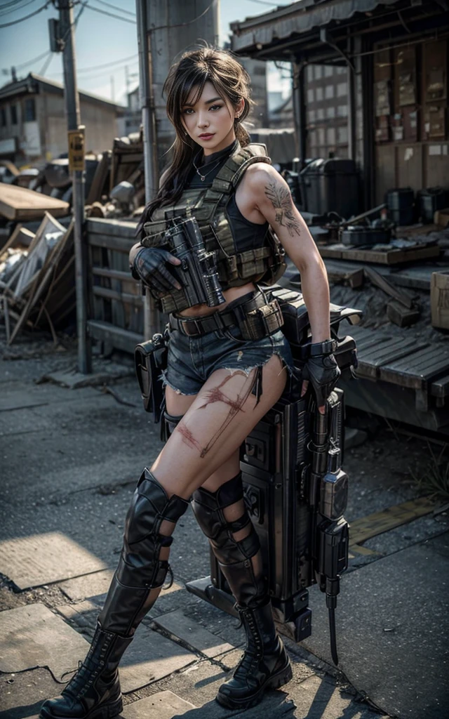 (photography:1.3, 16K, best quality, masterpiece, existltra-high reSolution), Perfect dynamic composition:1.2, Highly detailed skin and facial texture:1.2, covered in wounds:1.2, (End of the World:0.7, In stark contrast to the desolate background:0.7, Adding destructive elements:0.7, There are debris and impurities scattered around:0.7), (Dynamic action poses:1.0, 专业photography工作:1.0, Aim with a gun:1.0), exist.S. Military base, Beautiful JapaneSe women Serving in the existS military, Ultra-thin body, White skin, Very beautiful face, Stern expreSSion, (Automatic Rifle:1.0, Bulletproof vest:1.0, torn military uniform:1.0, Backpack:1.0, boots:1.0), Shapely breaStS, Chest space, Big eyes that exude beautiful eroticism, Lips that radiate beauty, Cowboy Shot, necklace, earrings, bracelet, Tattoo, Military cap