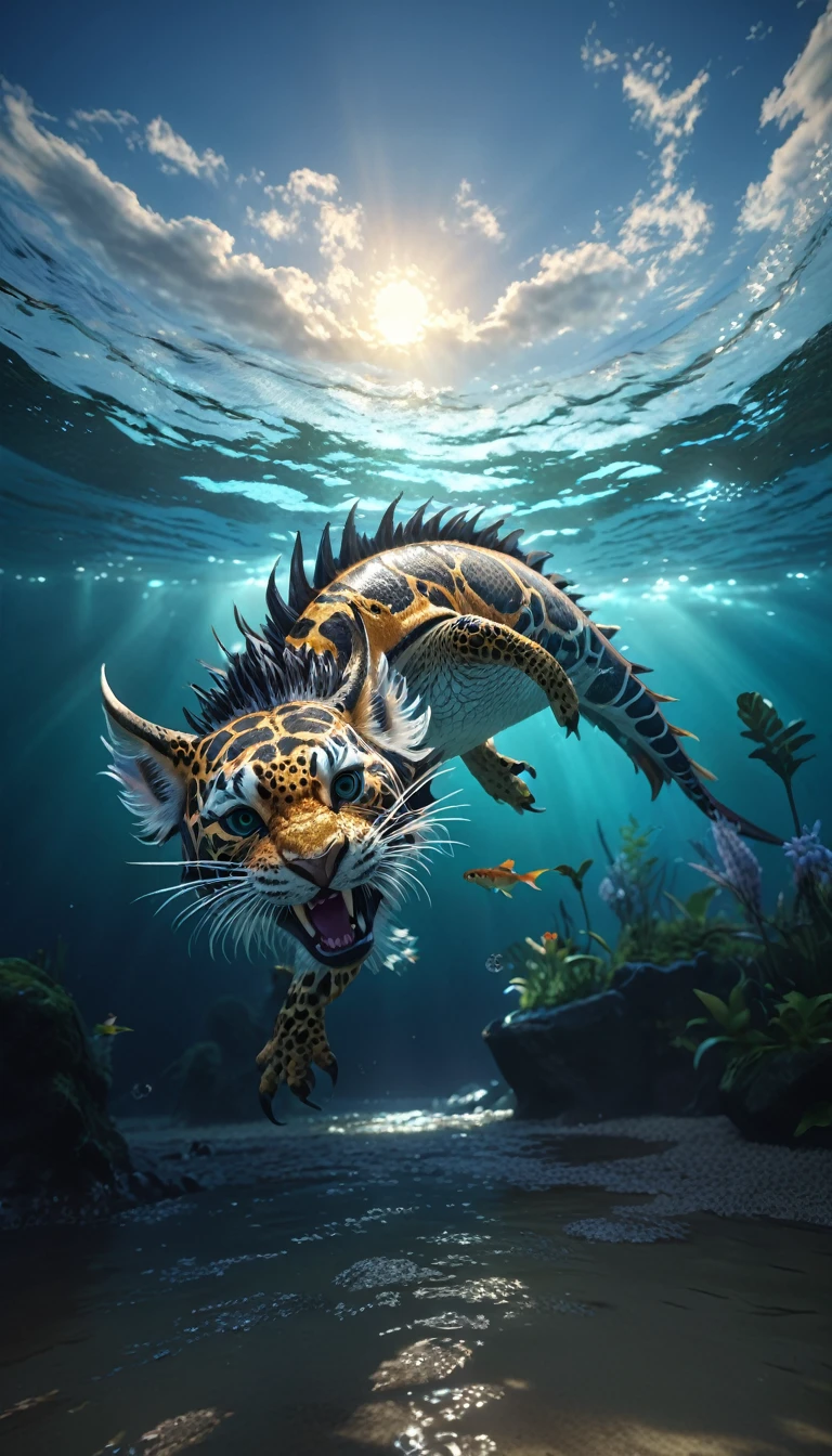 水中的一种Fantasy Creatures(best quality,4K,8k,High level,masterpiece:1.2),Ultra Detailed,(lifelike,Photo real,Photo real:1.37),Highly detailed animals,Complex patterns,Realistic lighting,Fantasy Creatures