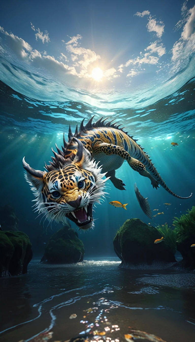 水中的一种Fantasy Creatures(best quality，4K，8k，High level，masterpiece：1.2），Ultra Detailed，（lifelike，Photo real，Photo real：1.37），Highly detailed animals，Complex patterns，Realistic lighting，Fantasy Creatures