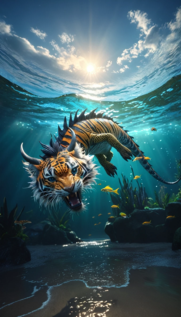 水中的一种Fantasy Creatures(best quality,4K,8k,High level,masterpiece:1.2),Ultra Detailed,(lifelike,Photo real,Photo real:1.37),Highly detailed animals,Complex patterns,Realistic lighting,Fantasy Creatures