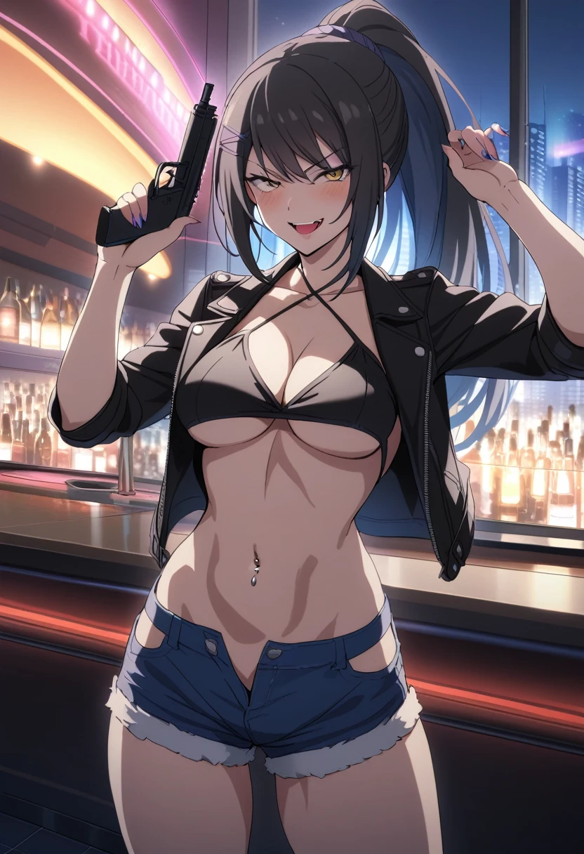 chabashira, 1girl, ponytail, black hair, blush, lipstick, nightclub, bar, indoor, cityscape, building,  city lights, blush, lipstick, shorts, crop top, masterpiece, best quality, highly detailed , evil smile , open
mouth, sexy gaze, , leather jacket, , cleavage badass pose , evil smile, smile, (nsfw) not safe for work,
navel, evil expression, exposed belly, exposed navel, exposed midriff, exposed lower belly, holding a
gun, underboob, ocean, halterneck, beachground vehicle, motor
vehicle, Extreme Micro Denim Shorts with Open Fly, navel piercing