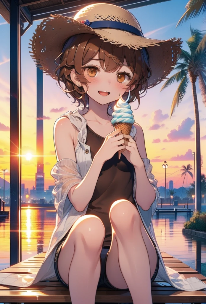 Lililukarde, Liliruka gets burned, , (Brown eyes:1.7), Brown Hair, (Flat Chest:1.2), smile,blush,Open your mouth,Straw hat,short hair,Brown tank top,Shorts,Holding ice cream in both hands,Heeled Sandals,Sitting on a bench,sunset,evening,The sun is setting,whole bodyがイラストに入るように,
break looking at viewer,whole body,
break outdoors, Building district,Palm tree,Tropical,
break (masterpiece:1.2), Highest quality, High resolution, unity 8k wallpaper, (figure:0.8), (Beautiful attention to detail:1.6), Highly detailed face, Perfect lighting, Highly detailed CG, (Perfect hands, Perfect Anatomy),