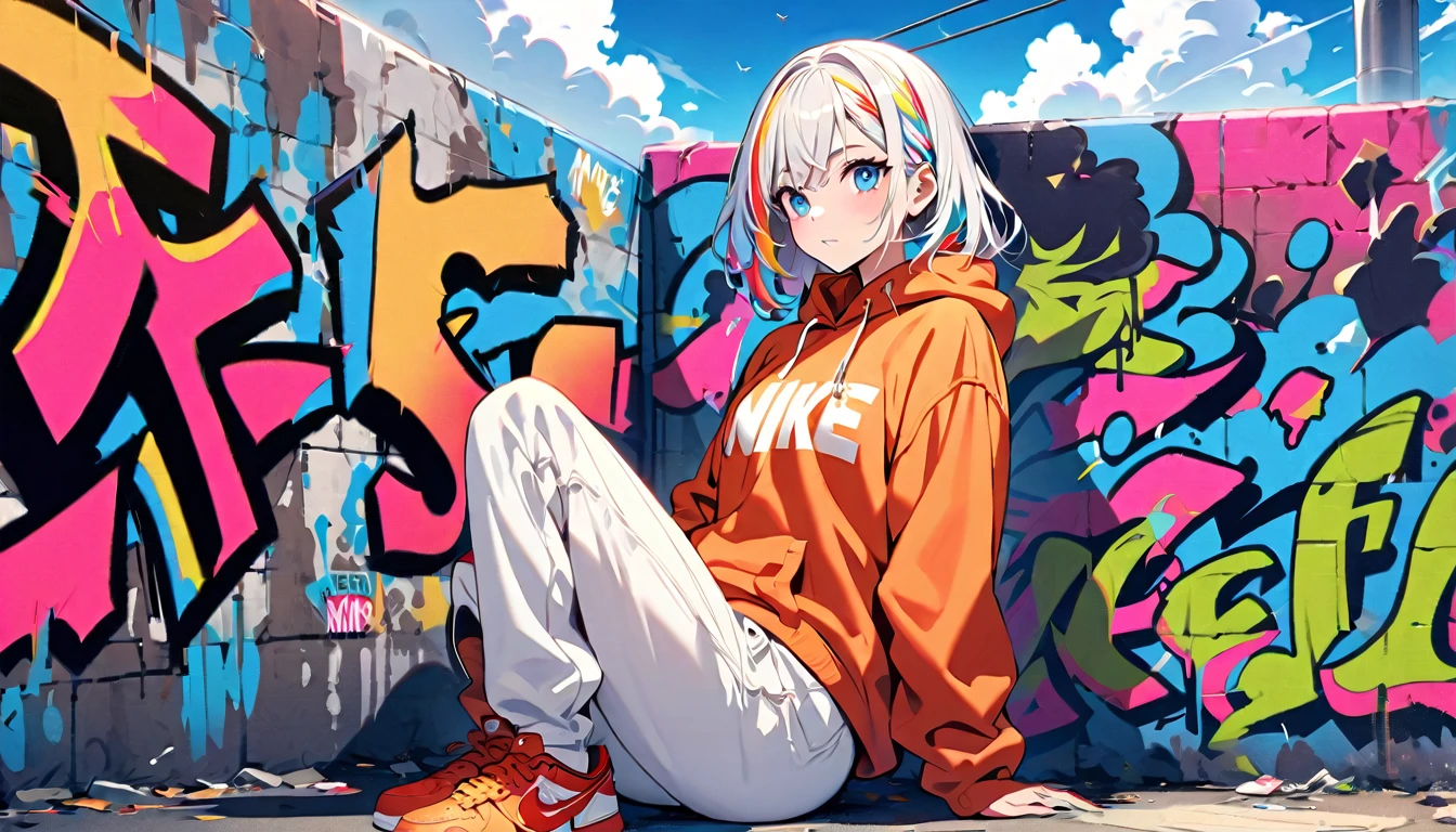 HD 8k Handsome sexy cute er9:16, Solitary, 1 female, Medium Length Hair, white hair, Rainbow hair, blue Eyes, hoodie, colored hoodie, White hair band, hip-hop style big white tank top white big pants, NIKE is sneakers, Human focus, outdoor, blue sky, White clouds, HD 8K graffiti Popularity spray art wall,