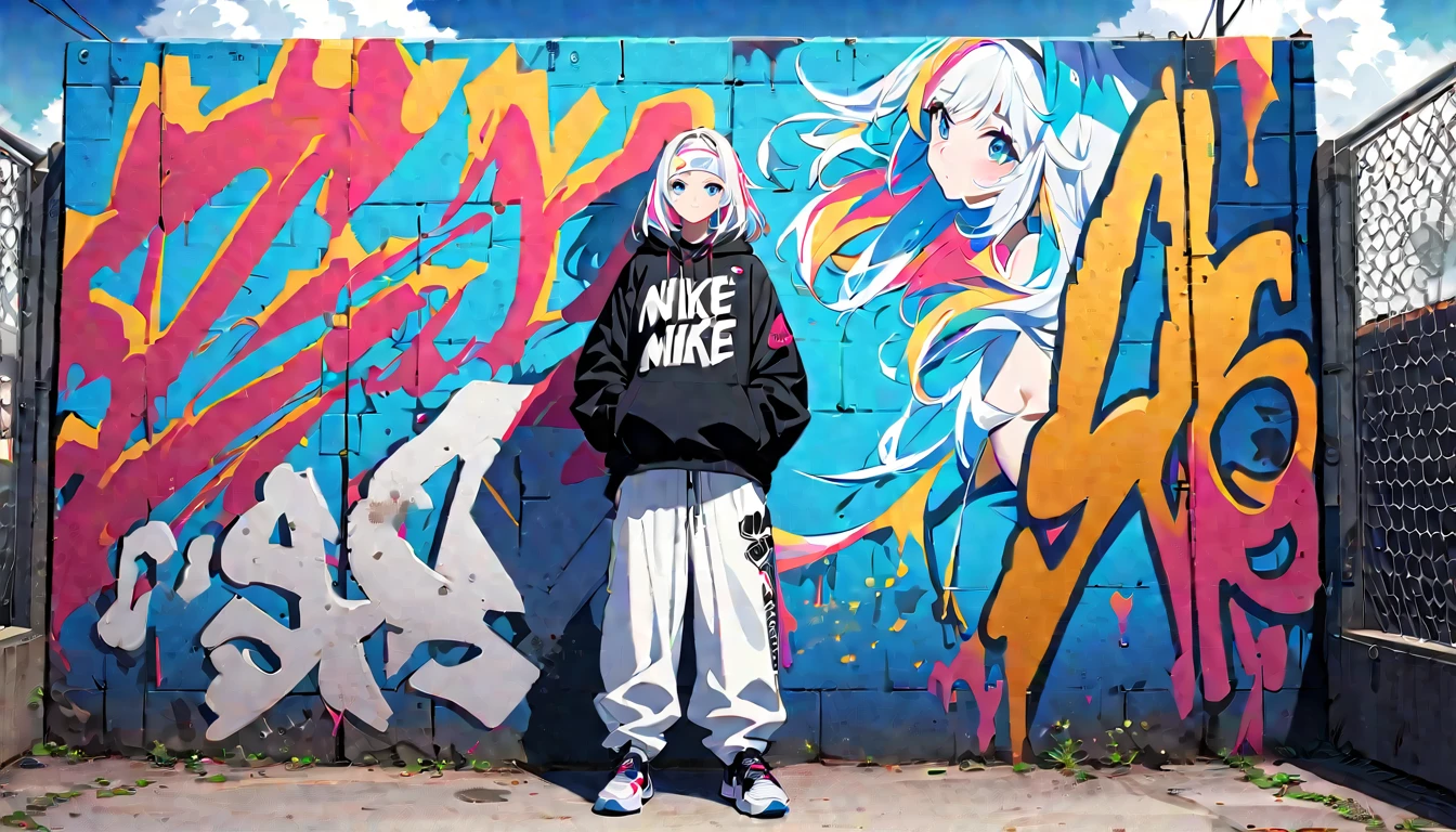 HD 8k Handsome sexy cute er9:16, Solitary, 1 female, Medium Length Hair, white hair, Rainbow hair, blue Eyes, hoodie, colored hoodie, White hair band, hip-hop style big white tank top white big pants, NIKE is sneakers, Human focus, outdoor, blue sky, White clouds, HD 8K graffiti Popularity spray art wall,
