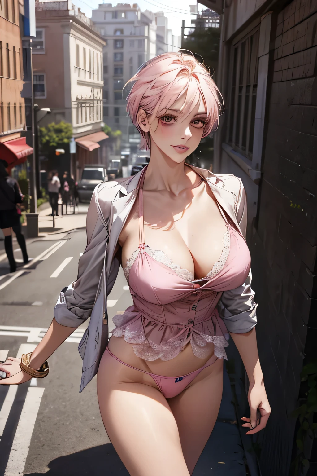 (masterpiece:1.2, Highest quality), (Realistic, photoRealistic:1.4), Beautiful illustrations, (Natural Side Lighting, Cinema Lighting), Surrealism, 
View your audience, 1 girl, 40 years old, Perfect Face, Symmetrical face, Glowing Skin, 
(short hair, Straight hair, Hair Intake), Brown eyes, Long eyelashes, (Large Breasts, You can see a little bit of the delta part of her pink panties., Captivating thighs)
Beautiful Hair, Beautiful Face, Beautiful attention to detail, Beautiful clavicle, Beautiful body, Beautiful breasts, Beautiful thighs, Beautiful legs, Beautiful fingers, 
Wear a police uniform and a short skirt,  
(Beautiful views), evening, (City Street:1.2), walk, Sexy posture, (Charming smile, Lips parted)