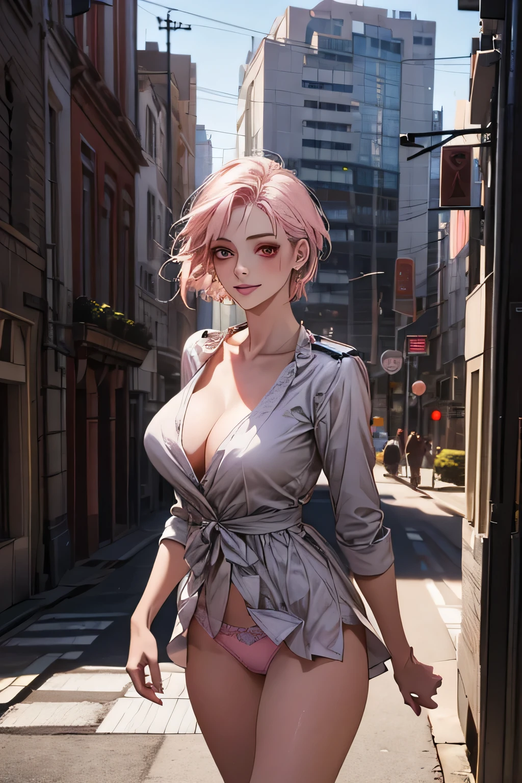 (masterpiece:1.2, Highest quality), (Realistic, photoRealistic:1.4), Beautiful illustrations, (Natural Side Lighting, Cinema Lighting), Surrealism, 
View your audience, 1 girl, 40 years old, Perfect Face, Symmetrical face, Glowing Skin, 
(short hair, Straight hair, Hair Intake), Brown eyes, Long eyelashes, (Large Breasts, You can see a little bit of the delta part of her pink panties., Captivating thighs)
Beautiful Hair, Beautiful Face, Beautiful attention to detail, Beautiful clavicle, Beautiful body, Beautiful breasts, Beautiful thighs, Beautiful legs, Beautiful fingers, 
Wear a police uniform and a short skirt,  
(Beautiful views), evening, (City Street:1.2), walk, Sexy posture, (Charming smile, Lips parted)
