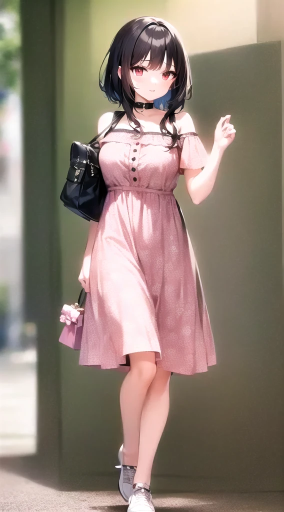 Arabian style woman wearing a floral dress and white sneakers walking down the sidewalk, Wearing a pink floral kitten, Wearing a summer dress, Wearing a floral dress, Rococo frill dress, Feminine girly dress, Wearing a floral-patterned kitten, maximalist fashion dress, 長いWearing a floral dress, glamorous ruffled dresses, on the road
