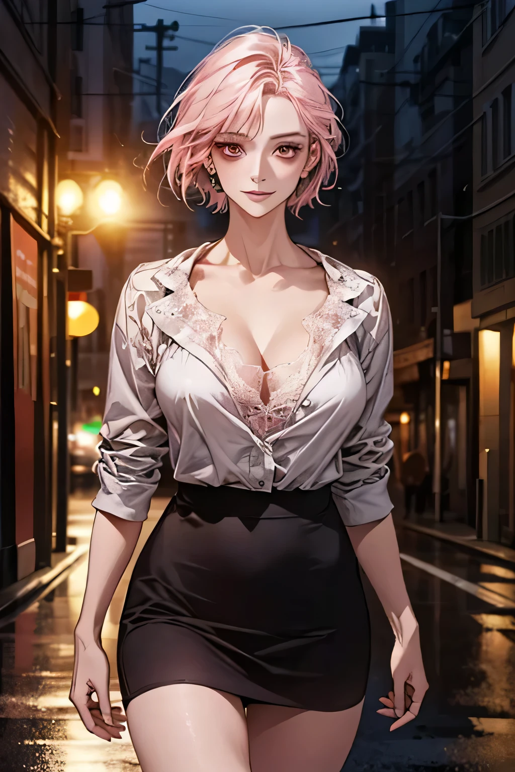 (masterpiece:1.2, Highest quality), (Realistic, photoRealistic:1.4), Beautiful illustrations, (Natural Side Lighting, Cinema Lighting), Surrealism, 
View your audience, 1 girl, 40 years old, Perfect Face, Symmetrical face, Glowing Skin, 
(short hair, Straight hair, Hair Intake), Brown eyes, Long eyelashes, (Large Breasts, You can see a little bit of the delta part of her pink panties., Captivating thighs)
Beautiful Hair, Beautiful Face, Beautiful attention to detail, Beautiful clavicle, Beautiful body, Beautiful breasts, Beautiful thighs, Beautiful legs, Beautiful fingers, 
Wear a police uniform and a short skirt,  
(Beautiful views), evening, (City Street:1.2), walk, Sexy posture, (Charming smile, Lips parted)
