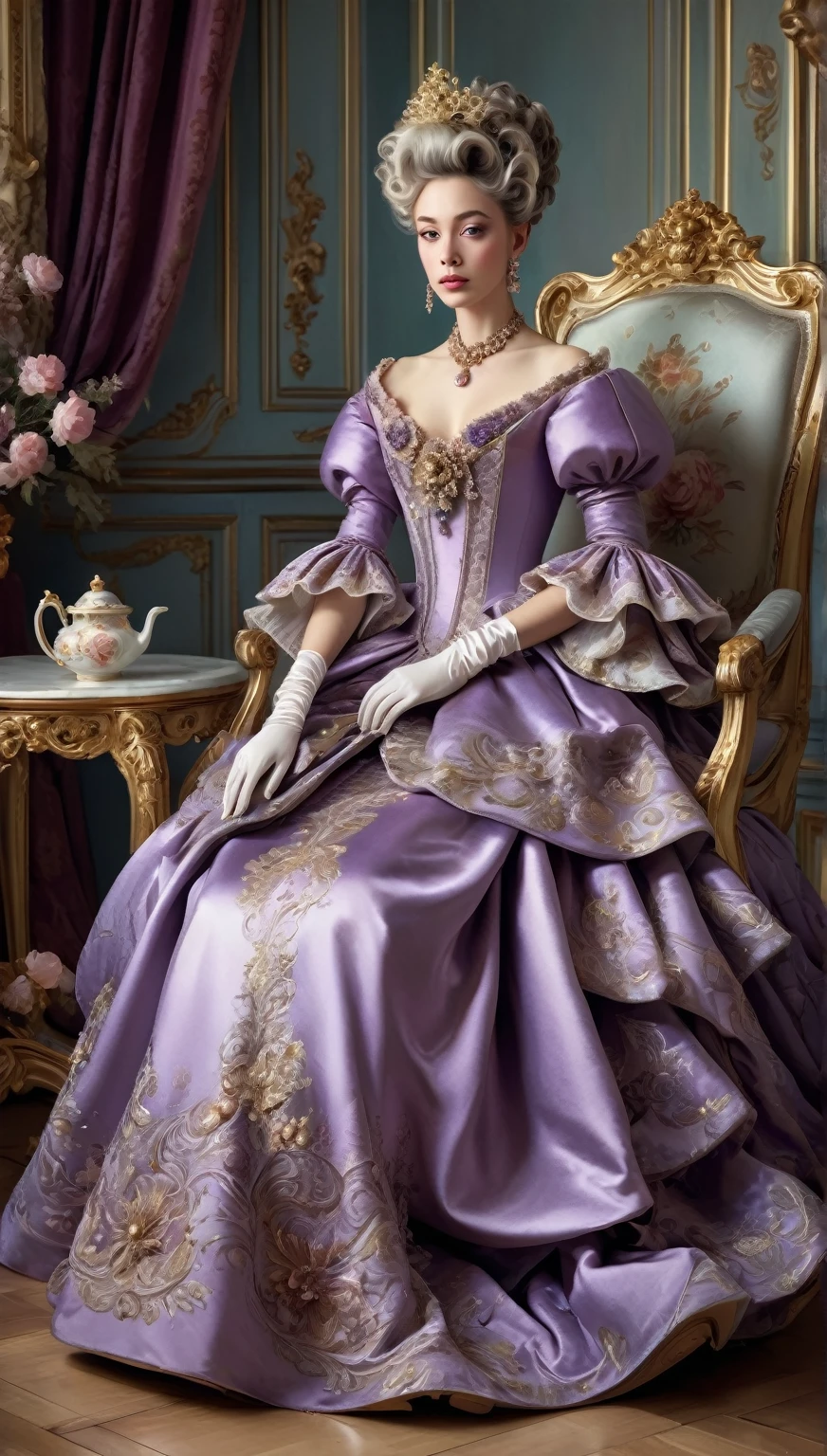painting of a woman in a glossy purple pearlescent moire dress sitting on a trimmed in white brocade, with gilded armrests chair, grace, grace, refinement, luxurious, fabric-trimmed interior, muted color scheme, many decorative elements, ornate and flowing lines, (((in Rococo gloves and shoes))), (((Rococo stylistic makeup))) (((expressive eyes))), a beautiful fantasy empress, ((rococo queen)), (correct anatomy), lovely languid princess, ((a beautiful fantasy empress)), 8k high quality detailed art, elegant digital painting, exquisite digital illustration, (((rococo style portrait))), portrait painting of a princess, digital art of an elegant, (((baroque digital painting))), ((((beautiful character painting)))) (((interior decoration with fabrics, muted color scheme, a lot of decorative elements, ornate and flowing lines)))