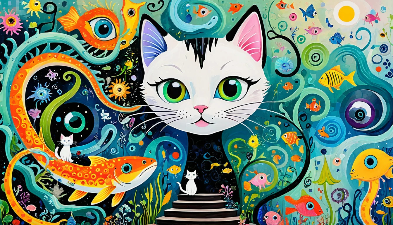 Children's graffiti,Thick Coating,Bumpy texture,Oil pastel strokes:Colorful black,Dopamine Color Matching,Cats who love fish、Floesch、Spiral staircase、Tentacles、bird、(((eye)))、diatom,Abstract Mosaic,Autistic people々Depicting the inner world of,Large white part,interesting,Innocence,vision,サイケデリックart,Get Picasso'art:1.1 つのartスタイル
