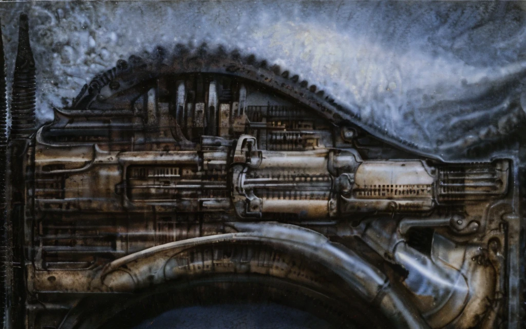 xgiger, The image is a detailed view of H.R. Giger's biomechanical tableau \" LANDSCAPE No 312 \" plate, featuring
a complex, intricate, and detailed design of endless Machine in the transit space over the cascade of fallen water, that appears to be a fusion of organic and mechanical elements, with a focus on the interplay between the two.The piece is a tableau, most likely created with a India ink pen or pencil on paper, determined by the thin lines, shading techniques, and the texture of the paper, which is visible around the edges.
Used is pen, given the shading and variations in line weight visible in the image. Artist have used a variety of stylus with different degrees of hardness to achieve the shading effects.
 The use of undersaturated green-grays dark contrasts creates a stark and graphic look. Is used a variety of linework techniques to create different textures. Fine, parallel lines create a smooth, metallic texture,while thicker, more cursive lines suggest cables or wires.
Light source from the top highlights skeletals, pper part of foreground, lower part of image is in shadowupper part of foreground, lower part of image is in shadow.
The art performance showcases the artist’s skills in observation and rendering. The level of detail in the piece suggests a close study of real bone specimens and mechanics. The artist has skillfully used shading techniques to create a convincing illusion of three-dimensionality on a flat surface. The wrinkles and cracks in the surface, and the cast shadows with accuracy, used shading techniques to create a realistic depiction of light and shadow on the objects. This creates a sense of depth and dimension in the image. The artist has used careful linework to depict the contours and textures in the piece
Sharp focus on foreground elements illustration. Deep and delicate DOF. Big painting. Stored in Louvre masterpiece, ooze soaked pajama top
