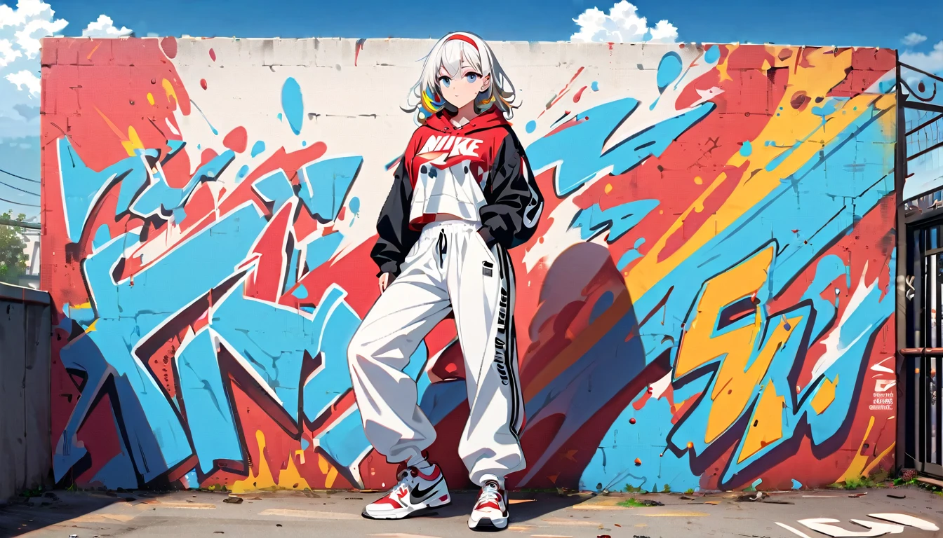HD 8k Handsome sexy er9:16, Solitary, 1 female, Medium Length Hair, white hair, Rainbow hair, blue Eyes, hoodie, colored hoodie, White hair band, hip-hop style big white tank top white big pants, NIKE is sneakers, Human focus, outdoor, blue sky, White clouds, HD 8K graffiti Popularity spray art wall,