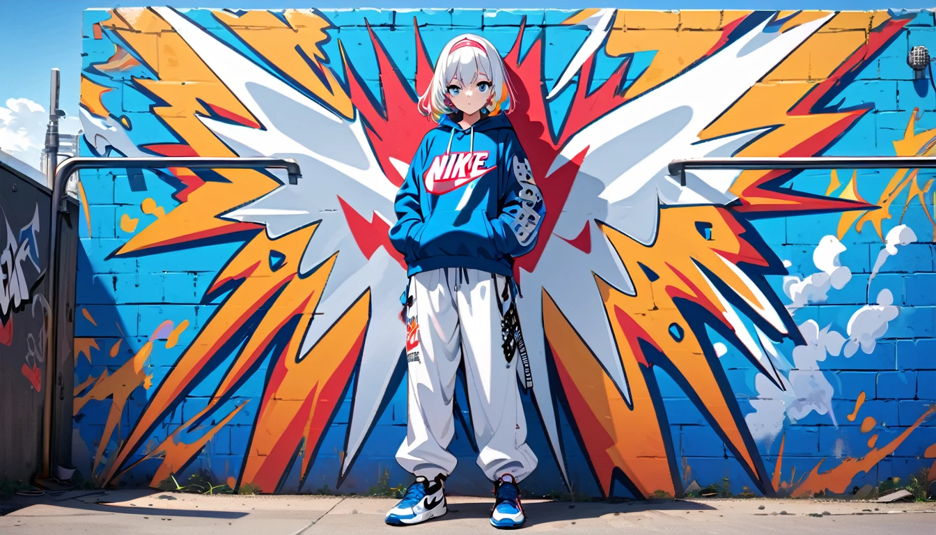 HD 8k Handsome sexy er9:16, Solitary, 1 female, Medium Length Hair, white hair, Rainbow hair, blue Eyes, hoodie, colored hoodie, White hair band, hip-hop style big white tank top white big pants, NIKE is sneakers, Human focus, outdoor, blue sky, White clouds, HD 8K graffiti Popularity spray art wall,