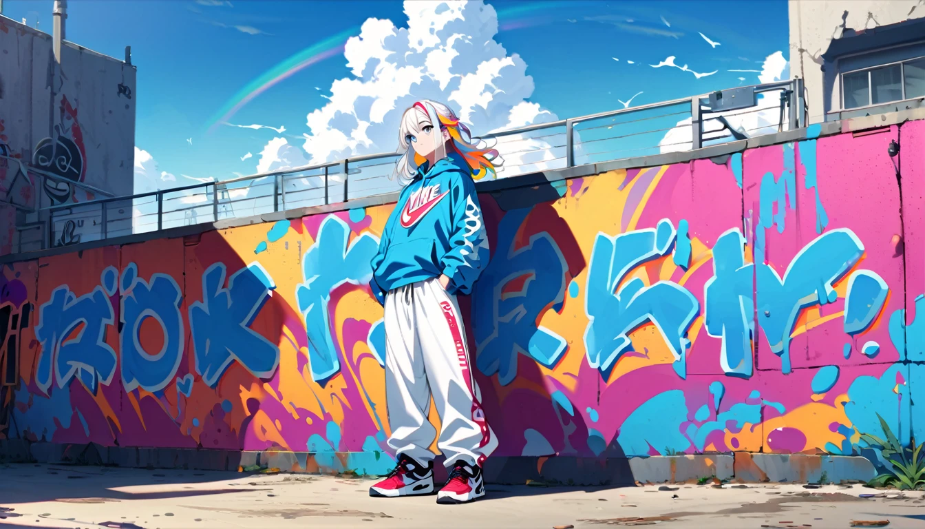 HD 8k Handsome sexy er9:16, Solitary, 1 female, Medium Length Hair, white hair, Rainbow hair, blue Eyes, hoodie, colored hoodie, White hair band, hip-hop style big white tank top white big pants, NIKE is sneakers, Human focus, outdoor, blue sky, White clouds, HD 8K graffiti Popularity spray art wall,