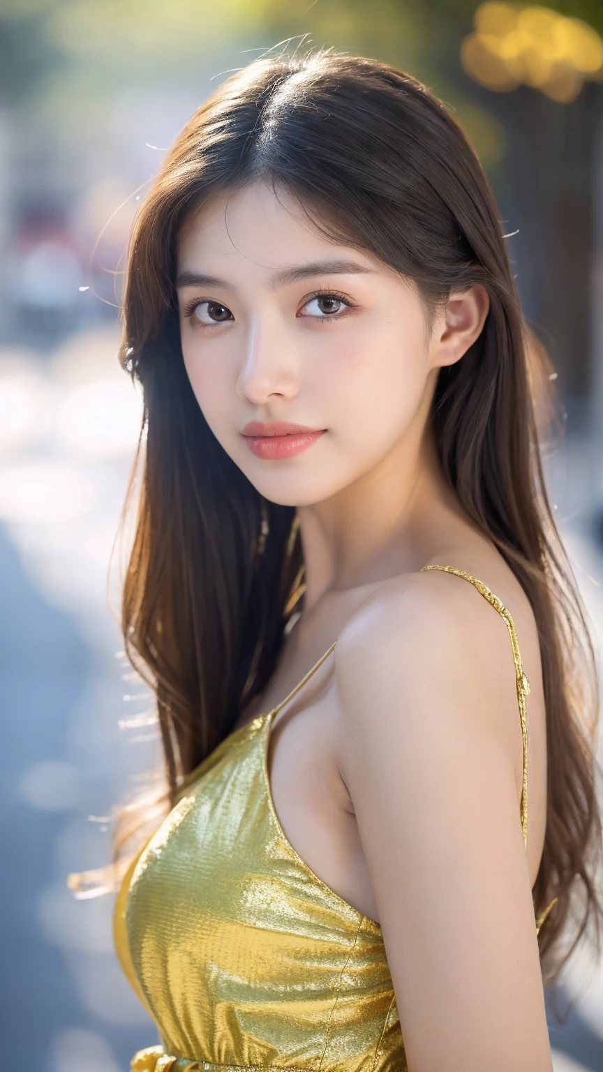 ((Best quality, 8k, masterpiece:1.3)),1girl,18 years old,Asian,Real texture:1.3,(Background blur:1.1),Dress Up,Tall and slender figure:1.2,(Hot summer weather),(street:1.3),Highly detailed face and skin textures,Exquisite eyes,Long eyelashes,Double eyelids,Skin Whitening,happy,Various postures,Beautiful breasts
