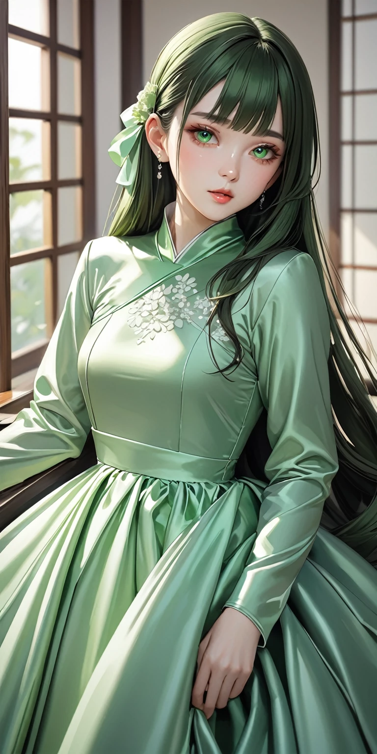 Portraiture、(masterpiece,Highest quality,Ultra-high resolution),Japanese women, (((Very beautiful 25 year old girl))),She is wearing a long-sleeved dress made of shiny pale green satin.、The dress has a simple design without any patterns.